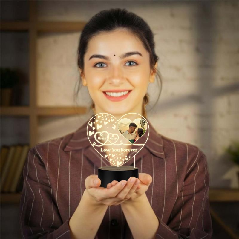 Personalized Heart Photo 3D LED Night Light | Custom Name & Picture Lamp with Love You Forever, Anniversary & Birthday Gift for Husband & Wife, Girlfriend Boyfriend (Warm White Light)